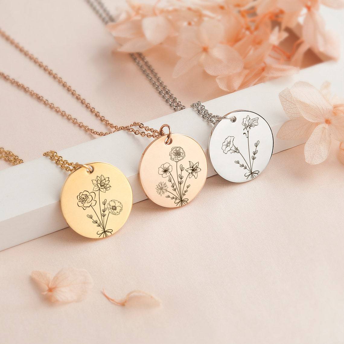 Personalized Birth Month Flower Bouquet Necklace