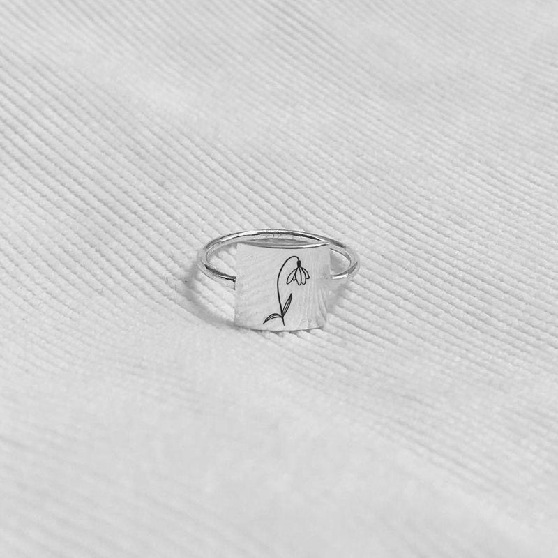 925 Sterling Silver Square Birth Month Flower Ring Personalized Flower Ring