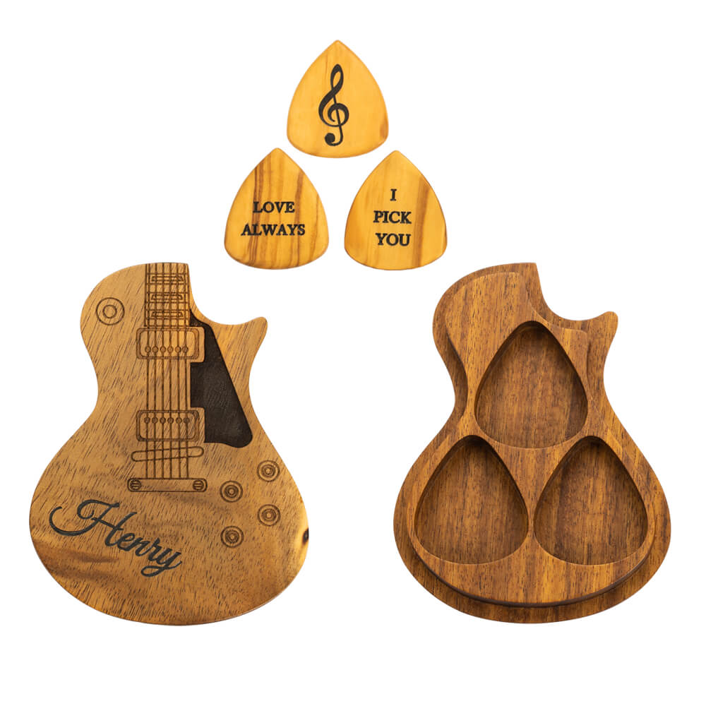 Personalized Wooden Guitar Picks Set of 3 with a Storage Case