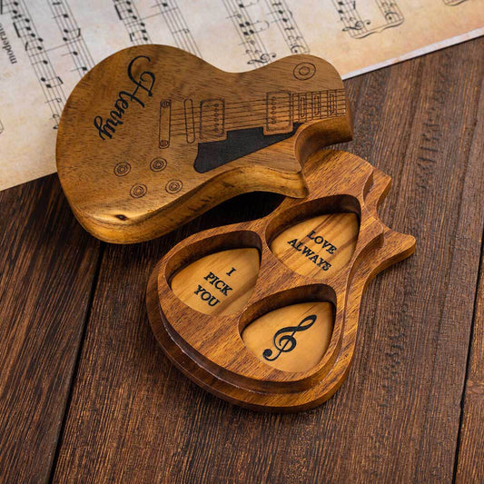 Personalized Wooden Guitar Picks Set of 3 with a Storage Case