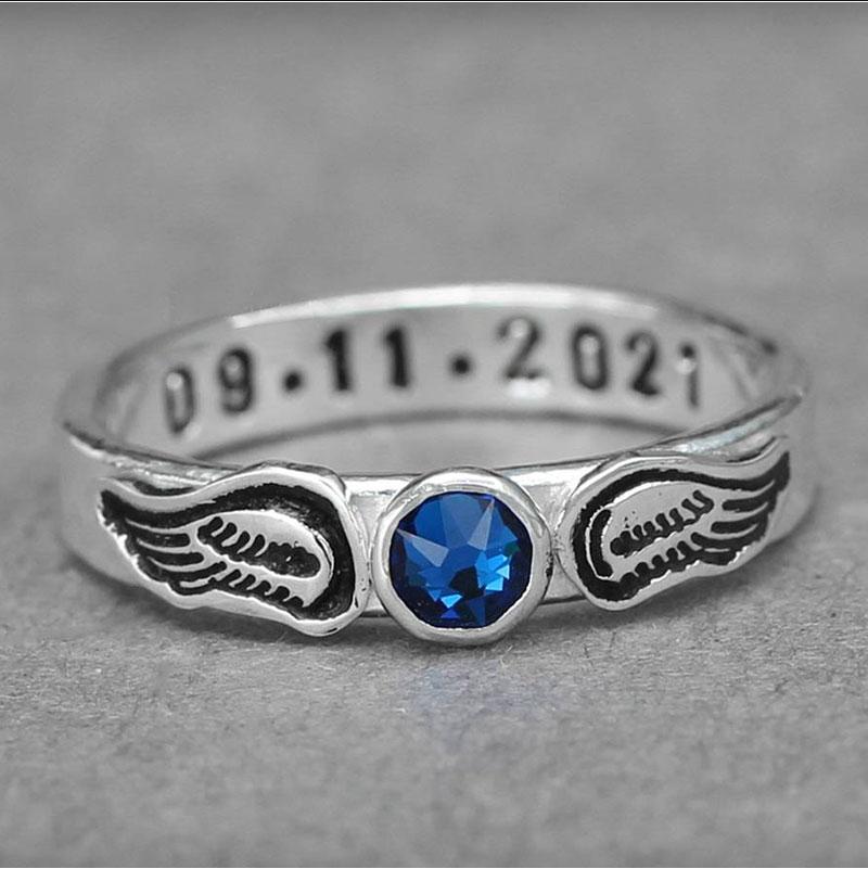 Hand Stamped Angel Wings Birthstone Ring