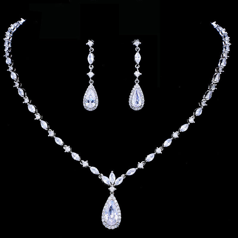Austrian Full Diamond Zircon Pendant Necklace + Earrings (3 Pieces)
