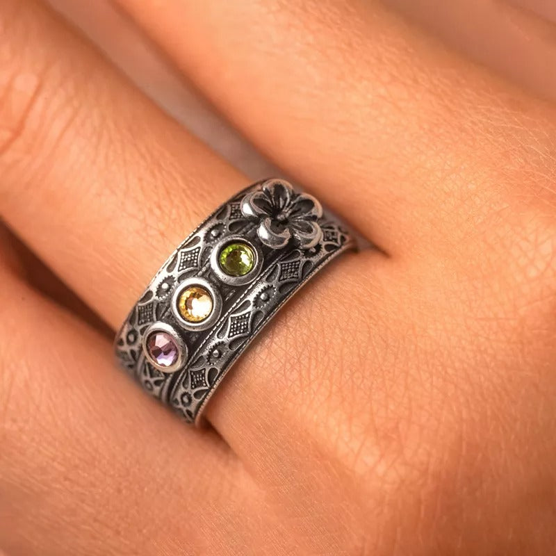 Retro Floral Birthstone Ring Set