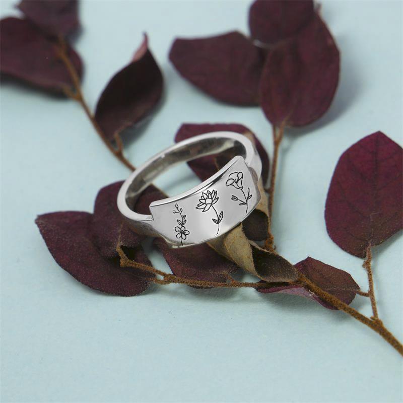 Sterling Silver Birth Month Flower Ring Custom Personalized Gift For Her