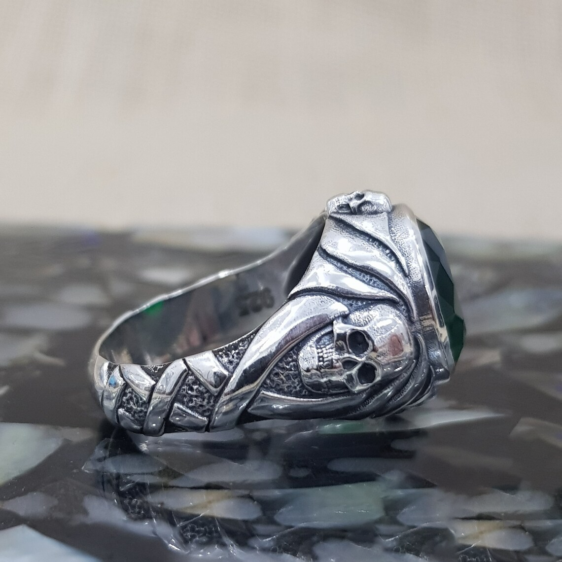Jack Sparrow Skull Emerald Sterling Silver Ring