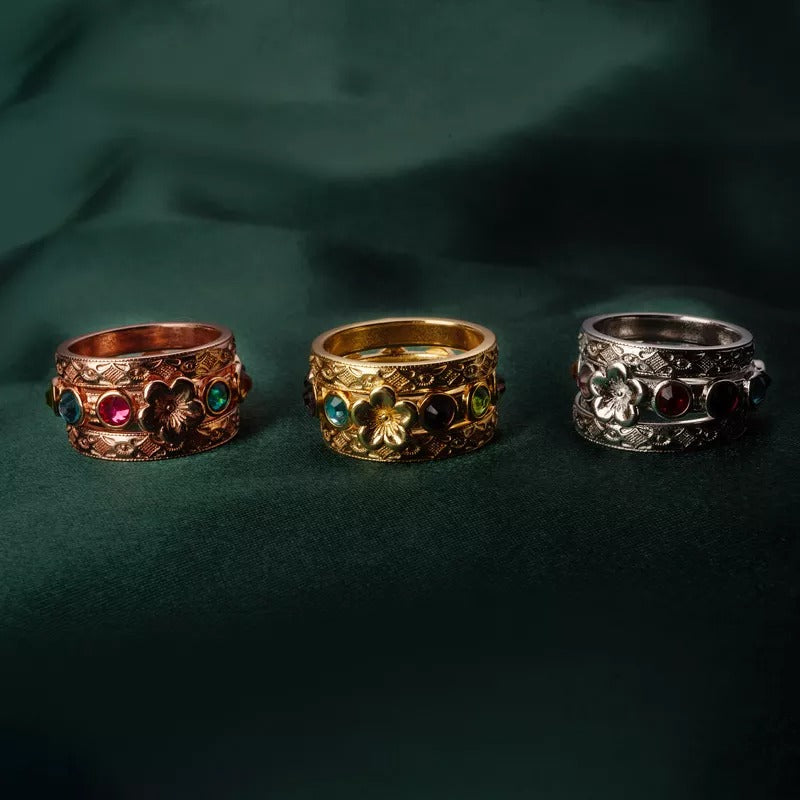 Retro Floral Birthstone Ring Set