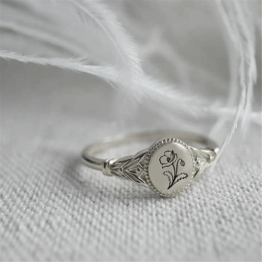 925 Sterling Silver Birth Month Flower Ring Vintage Flower Signet Ring