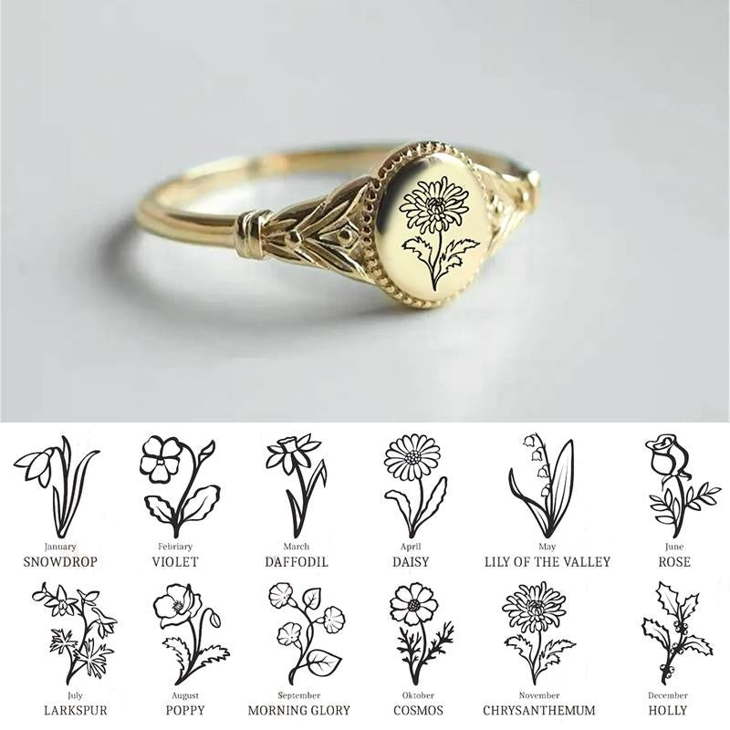 925 Sterling Silver Birth Month Flower Ring Vintage Flower Signet Ring