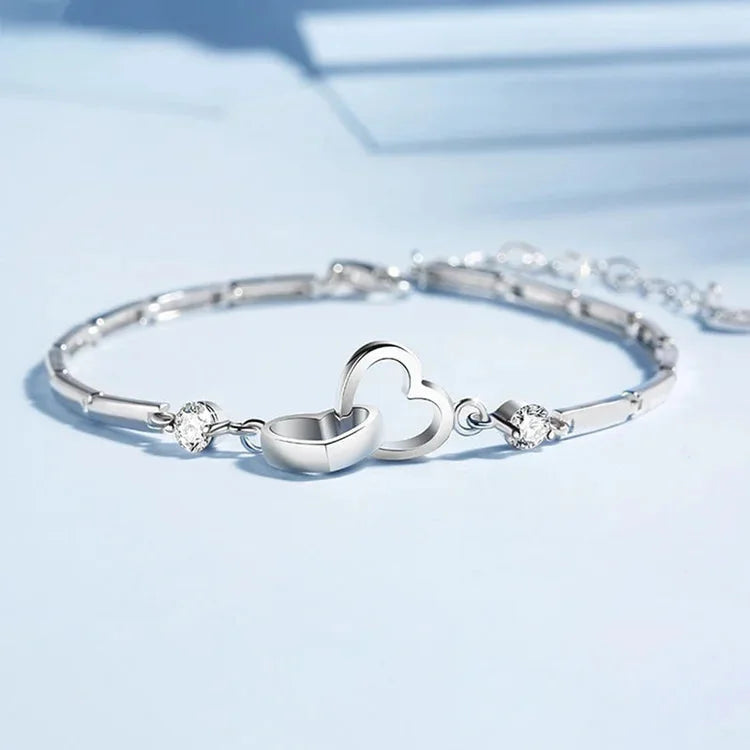 For Mother/Daughter - S925 Mother & Daughter Forever Linked Together Crystal Heart To Heart Bracelet