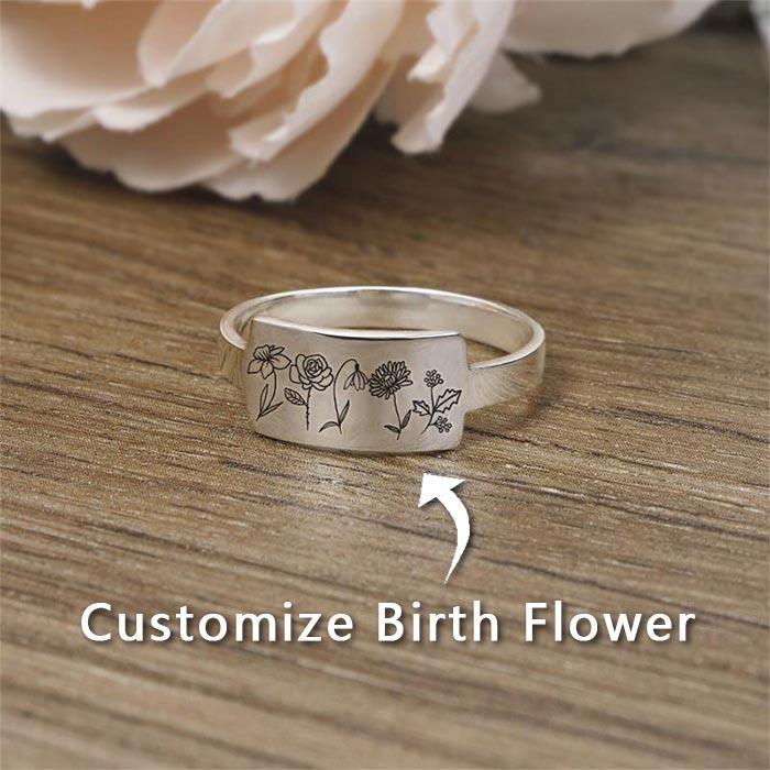 Sterling Silver Birth Month Flower Ring Custom Personalized Gift For Her