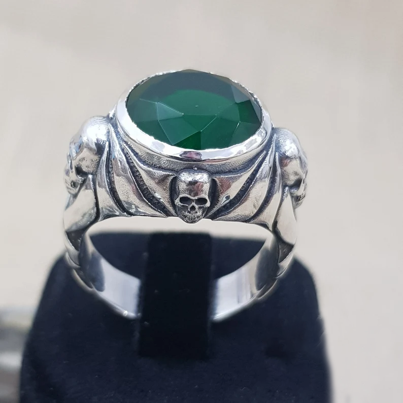 Jack Sparrow Skull Emerald Sterling Silver Ring