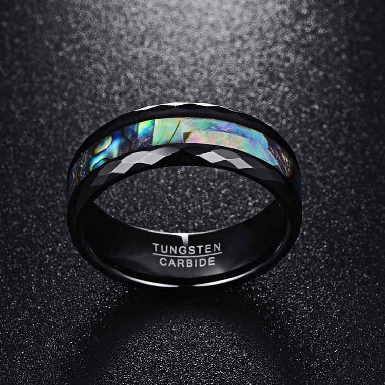 8MM Abalone Shell & Polished Black Faceted Tungsten Carbide Men's Ring