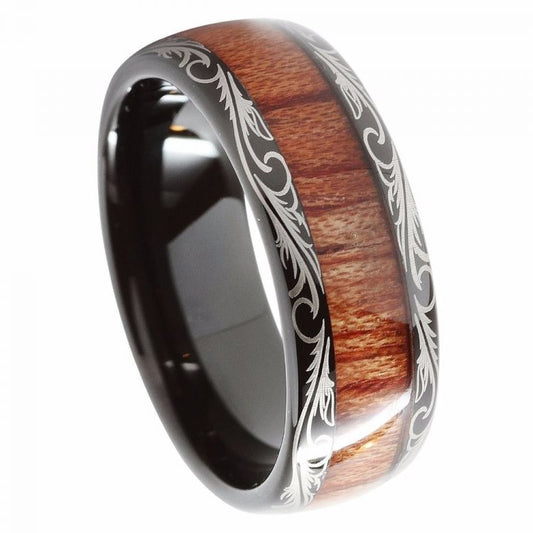 8mm Black Tribal Tungsten Carbide Koa Wood Men's Ring