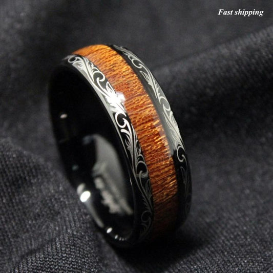 8mm Black Tribal Tungsten Carbide Koa Wood Men's Ring