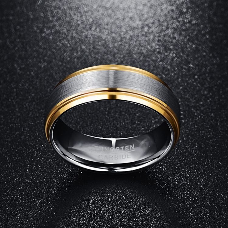 8MM Classic Gold Edge Brushed Silver Tungsten Men's Ring