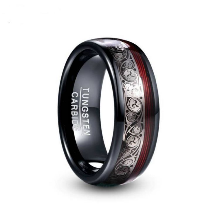 8MM Triple Spiral and Red Guitar String Tungsten Men's Ring