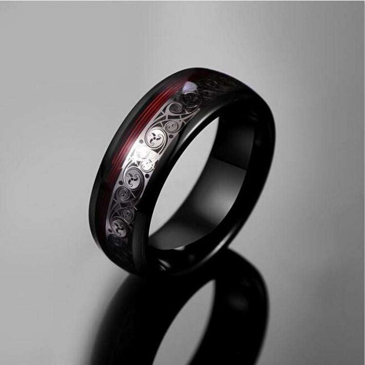 8MM Triple Spiral and Red Guitar String Tungsten Men's Ring