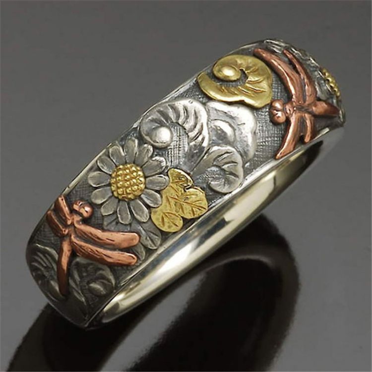 Vintage Dragonfly and Sunflower Men's Ring